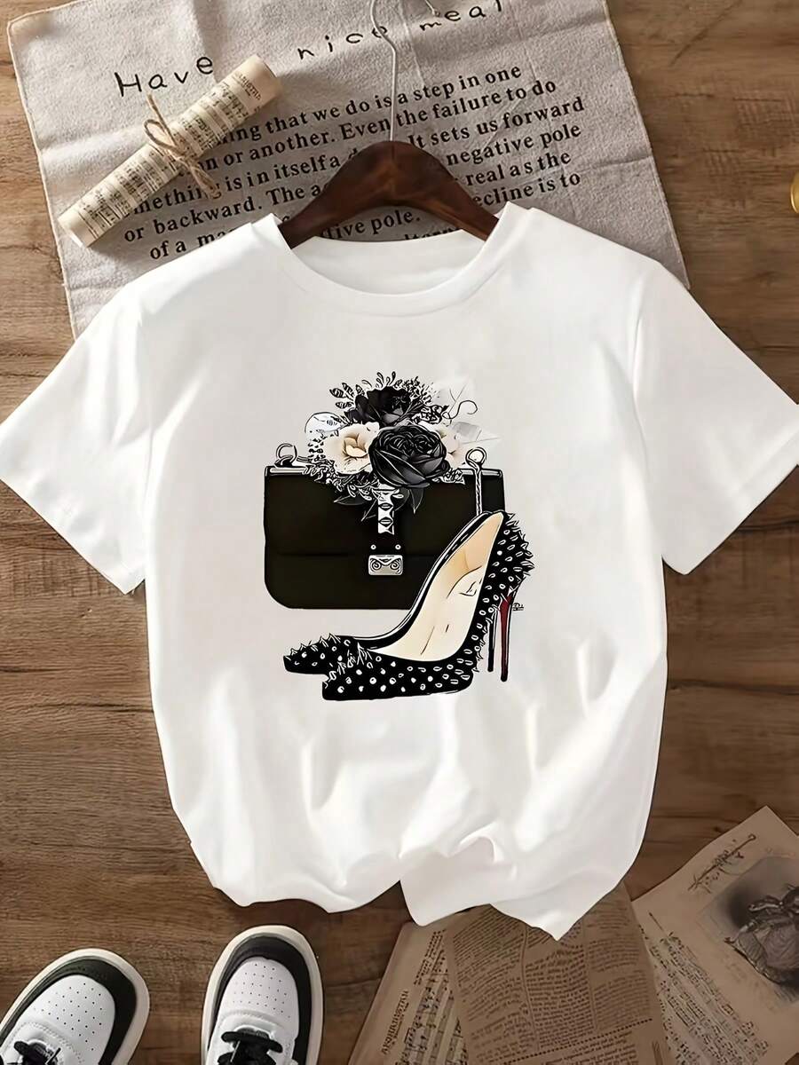 |   Diseño exquisito |   Suelto y cómodo |   Fácil de combinar | Camiseta casual de manga corta para mujer con estampado geométrico y tacones altos - top holgado de cuello redondo, lavado a mano únicamente, una prenda versátil imprescindible para todas las estaciones. - Blanco - Ver 1