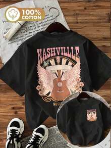 | Exquisite Design | Loose And Comfortable | Easy To Match | [Double-Sided Print] Women's Summer Casual T-Shirt, Vintage Style, Guitar Wings And Flowers Print, NASHVILLE MUSIC CITY, Crew Neck, Pure Cotton, Short Sleeve [Ling K] - 黑色 - 查看 1