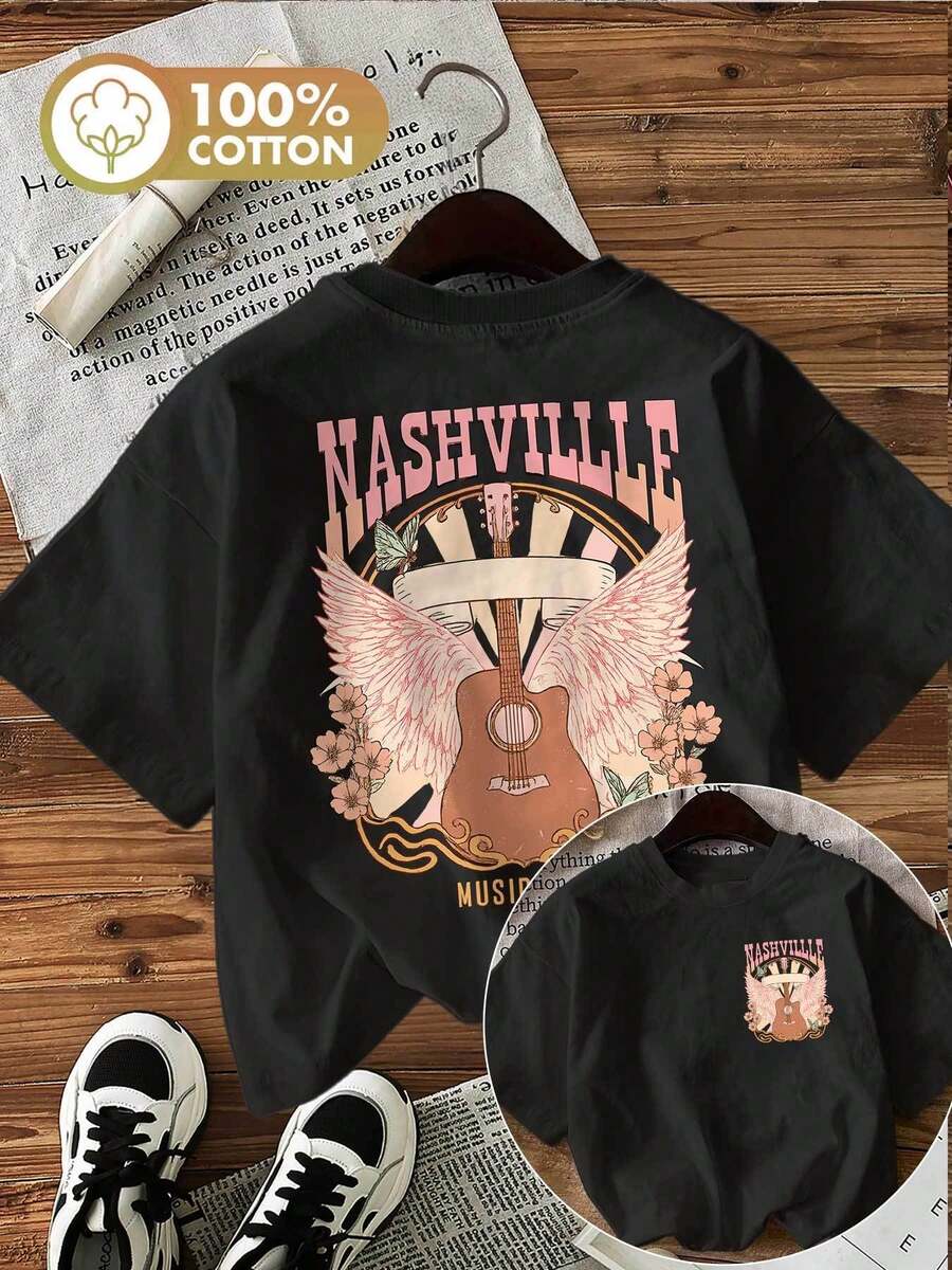 | Exquisite Design | Loose And Comfortable | Easy To Match | [Double-Sided Print] Women's Summer Casual T-Shirt, Vintage Style, Guitar Wings And Flowers Print, NASHVILLE MUSIC CITY, Crew Neck, Pure Cotton, Short Sleeve [Ling K] - 黑色 - 查看 1