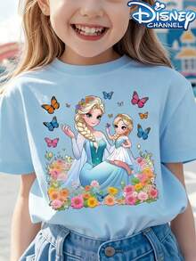 [Autorizado] Camiseta casual de cuello redondo para niñas con estampado de la princesa Elsa de Frozen, de Disney, tela ligeramente elástica, adecuada para regalos de cumpleaños, deportes diarios y viajes, camisetas de verano para niñas - Celeste - Ver 1
