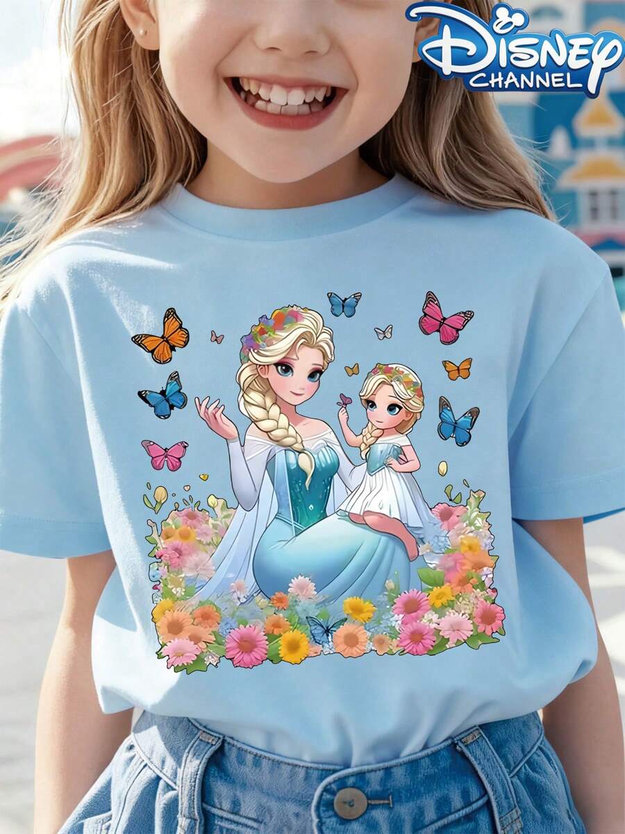 [Autorizado] Camiseta casual de cuello redondo para niñas con estampado de la princesa Elsa de Frozen, de Disney, tela ligeramente elástica, adecuada para regalos de cumpleaños, deportes diarios y viajes, camisetas de verano para niñas - Celeste - Ver 1