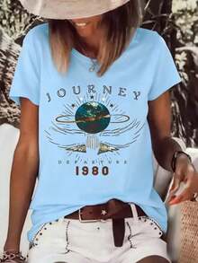 Women's Vintage T-Shirt With 1980s "Journey Departure" Print, Casual Style, Short Sleeve, New Summer And Autumn Collection, Comfortable, Round Neck, Unisex, Suitable For Casual Daily Outings, Short Sleeve Summer Top, Retro T-Shirt With Y2K Print. - 藍色 - 查看 6