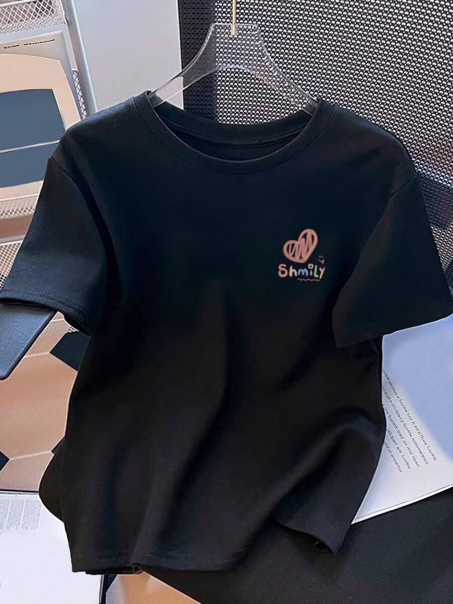 Women's Short Sleeve T-Shirt With Exclusive Design And Print, New For Summer 2026, Loose Fit Half Sleeve Top For Women, Ideal For All Seasons FLTU - 黑色 - 查看 1