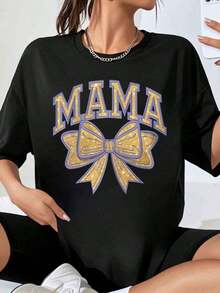 Women's Cheerleader Mom Graphic Tee With Bow, Plus Size, Mother's Day Gift, Casual Wear, Fashion Tee - 黑色 - 查看 7