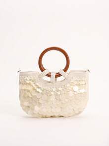 Túi xách nữ phong cách Boho đính ngọc trai và vỏ sò acrylic hình tròn, túi xách tay bằng vải canvas màu be với vòng gỗ và dây đeo vai/đeo chéo bằng kim loại có thể tháo rời, túi xách dự tiệc tối thanh lịch cho kỳ nghỉ, đám cưới, hẹn hò, tiệc cô dâu, sinh nhật, món quà sang trọng cho phù dâu, tín đồ thời trang, thiếu nữ, sinh viên đại học, người đi du lịch và các quý cô trẻ tuổi. - trắng - Xem 8