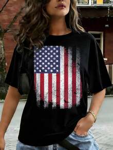 Camiseta de manga corta para mujer, informal, con estampado de la bandera de EE. UU. para el 4 de julio, rojo, blanco y azul con estrellas y rayas, diseño gráfico de 4 estrellas, cómoda para atuendos casuales y elegantes, ligera y transpirable, lavable a máquina, corte regular, cuello redondo. - Negro - Ver 6