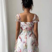 Nuevo vestido de tirantes ajustado con volantes y estampado floral retro de tipo pixelado, elegante y bonito, para primavera/verano - Morado - Ver 6