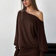 Vestido corto y ajustado de manga larga, asimétrico y sexy para mujer, para festivales de música y estilo streetwear moderno - Burdeos - Ver 2