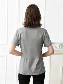 Short-Sleeved T-Shirt With A Round Neck, Relaxed Fit, And Simple Slogan Print, For Women, Ideal For Summer, Holidays, And Everyday Wear. Women's T-Shirt. White Blouses For Women. - 淺灰色 - 查看 5