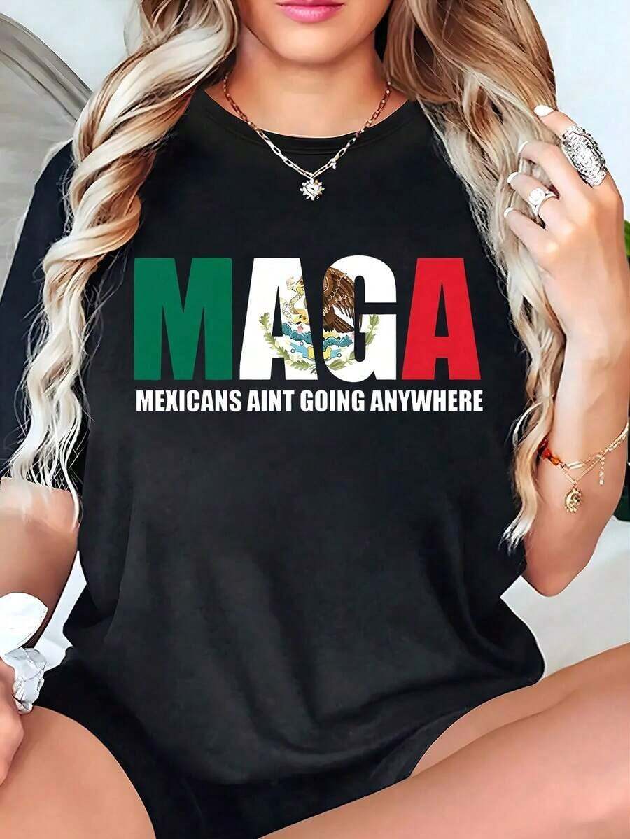 Camiseta "Los mexicanos no pueden ir a ningún lado", camiseta "Poder Latino", camiseta casual estampada para mujer; camisa casual para mujer; camiseta para mujer; ropa de primavera/verano para mujer; tops - Negro - Ver 1