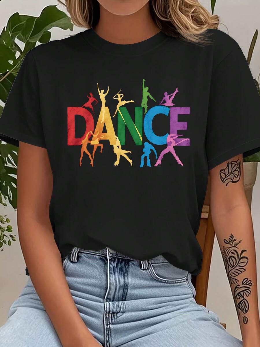 Women's Casual Short Sleeve T-Shirt - "DANCE" Letter Print, Crew Neck, Machine Washable, Casual Spring/Summer Vacation Wear, Easy-To-Wear T-Shirt, Fun Print T-Shirt, Loose Fit, And Fashionable, Durable Printed T-Shirt - 黑色 - 查看 1