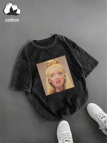 de mujer talla grande con muñeca sorprendida, cuello redondo, manga corta, casual, para primavera/verano/otoño, tops de vacaciones de verano - Negro - Ver 2