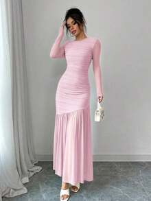 Vestido largo de manga larga con cuello redondo y malla para mujer, vestido casual de otoño.Adecuado para ropa de otoño, atuendo de regreso a clases, atuendo de maestro - Rosa - Ver 1