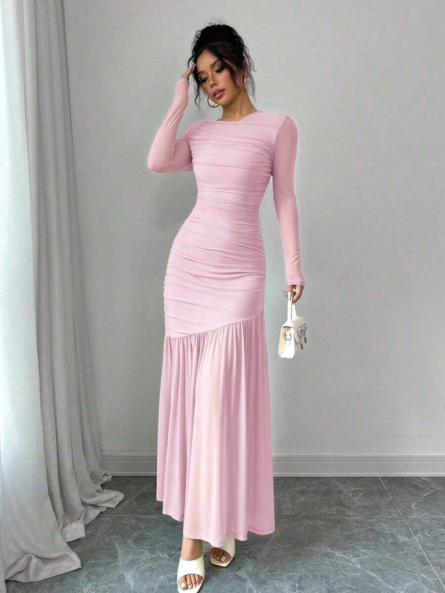 Vestido largo de manga larga con cuello redondo y malla para mujer, vestido casual de otoño.Adecuado para ropa de otoño, atuendo de regreso a clases, atuendo de maestro - Rosa - Ver 1