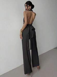 de dos piezas de top sin mangas con cuello en V asimétrico elegante y romántico, y pantalones rectos holgados de color caqui, adecuado para verano, playa, vacaciones - Gris Oscuro - Ver 2