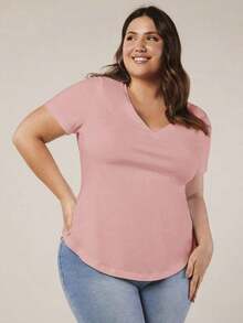 BASICS Camiseta casual versátil de manga corta y cuello en V de talla grande para mujer - Rosa - Ver 5