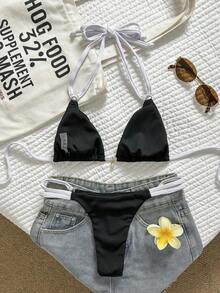 Conjunto de bikini para mujer de color liso con tirantes ajustables y colgante de perla, sexy para el verano - Blanco y Negro - Ver 6