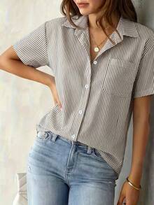 Blusa de mujer con rayas, blusa casual de manga corta, de verano - Caqui - Ver 5