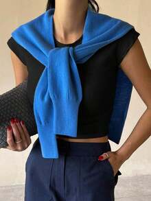 Top corto y ajustado de unicolor de verano para mujer, camiseta informal empresarial - Negro - Ver 5