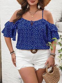 Camiseta romántica con volantes y escote descubierto de corazoncitos para vacaciones, talla grande.Ideal para fiesta casual, picnic o San Valentín. - azul real - Ver 6