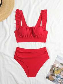 2 piezas Conjunto de traje de baño de verano para mujer con parte superior corta plisada de un solo color con volantes y tirantes, y Bottom triangular tableada y fruncida de cintura alta - Rojo - Ver 7