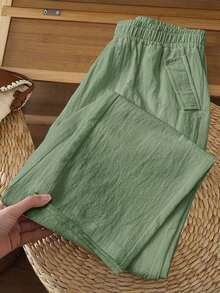 Pantalones casuales de mujer de unicolor y bolsillos minimalistas - Verde - Ver 7