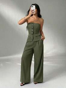 1 Conjunto de Top Camisola Ajustada de unicolor y Pantalones Elegantes para Otoño/Invierno - Verde militar - Ver 6