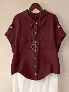 Camisa casual de moda cómoda para mujer de talla grande, de unicolor, con cierre de botones completo, cuello de solapa, manga corta y bolsillos dobles - Burdeos - Ver 3
