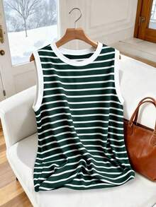 Chaleco sin mangas de mujer de talla grande, casual, de cuello redondo y con estampado de limón, de hombros anchos - Verde Oscuro - Ver 7