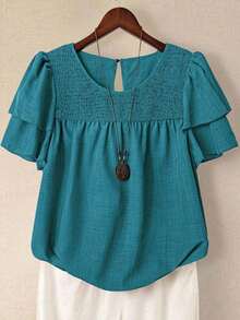 Linhara Blusa casual de verano de talla grande para mujer, de unicolor, cuello redondo, manga corta de doble capa, plisada, de moda versátil para vacaciones - Agua verde azul - Ver 6