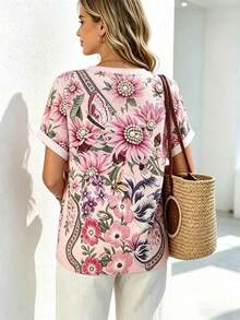 Camiseta de manga corta con cuello en V con estampado de rayas y fresas, adecuada para uso casual diario, tallas grandes para mujer - Multicolor 7 - Ver 2