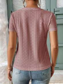 Camiseta blanca de cuello redondo con bordado de ojales, minimalista para ir a la oficina, estilo antiguo y sencillo - Rosa vieja - Ver 2