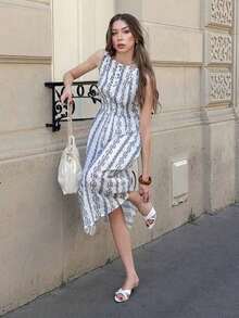 Vestido midi elegante francés azul con estampado sin mangas para mujer - Azul - Ver 3