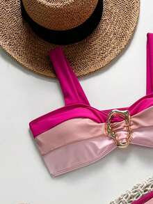 Conjunto de bikini con empalme y bloqueo de color, seductor y con Charm maduro - Rosa - Ver 3