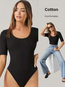 Body de mujer de unicolor, cuello redondo, manga corta, ajuste ceñido, uso diario casual - Negro - Ver 7