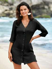 Swim Vcay Kimono transparente de manga larga sólido para mujer, ideal para vacaciones en la playa y piscina en verano - Negro - Ver 4