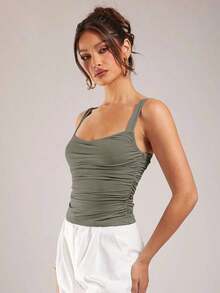 Camiseta de tirantes de unicolor minimalista para mujer - Verde militar - Ver 6