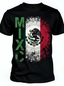 Camiseta de 180g para , diseño con impresión de la bandera de México, águila y detalles patrióticos, cuello redondo, manga corta, hecha de, ideal para fanáticos y estilo casual. - Negro - Ver 7
