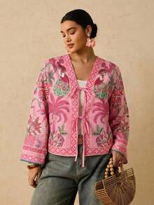 Camisa casual versátil de uso diario con estampado floral y nudo delantero para mujer de talla grande - Rosa - Ver 7