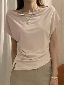 Camiseta de manga corta ajustada con cuello asimétrico y fruncido, de unicolor, para salir, para mujer de verano - Blanco 2 - Ver 7