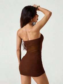 Vestido mini tubo negro sexy ajustado con pliegues y malla de unicolor para mujer - Marrón - Ver 2