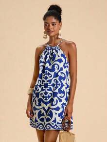 Vestido corto holgado con hombros al descubierto y estampado tejido para mujeres para vacaciones - Azul y blanco - Ver 3