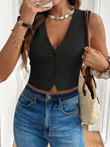 Frenchy Top de tanque casual de botones frontales de unicolor con textura para verano - Negro - Ver 4