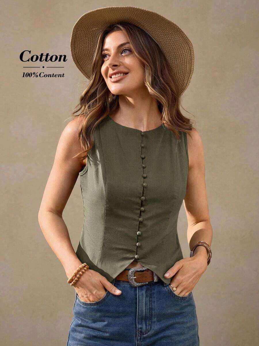 Cárdigan de algodón de color café retro francés estilo boho casual para vacaciones, parte superior de algodón marrón para oficina para mujer, vestimenta occidental, parte superior marrón, parte superior marrón para mujer, casual de negocios, blusas casuales, blusas tipo tanque estilo francés para mujer - Verde - Ver 1