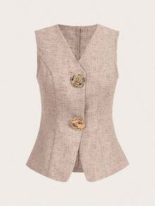 Blusa sin mangas con botones de metal en forma de rosa, estilo francés, para uso casual y de oficina, blusa de verano de alta gama - Rosa - Ver 6
