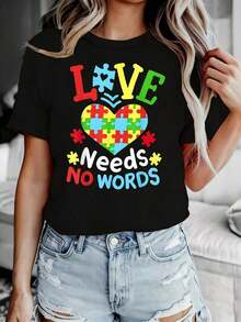 Suave Camiseta Casual de Manga Corta para Mujer, Diseño Gráfico Divertido, 200g, 1 Pieza, Cuello Redondo Novedoso, Corte Holgado, Top Oversize, 100% Poliéster, Lavable a Máquina, blusa casual mujer, blusas para mujer, playeras de mujer algodón - Negro - Ver 6