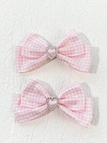 2pcs Women's Plaid Heart & Bow Design Hair Clips,Hair Claws,Bobby Pin - Pink and White Plaid - View 5