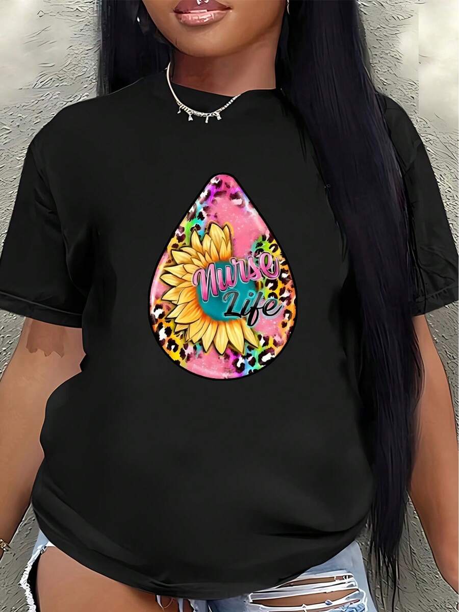 Camiseta de manga corta, ligera y duradera, con un vibrante diseño de girasol, es perfecta para salidas informales o para relajarse en casa, garantizando comodidad y estilo para el uso diario.women's shirts - Negro - Ver 1
