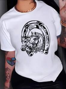 Two Horses Facing A Horseshoe Represent Strength, Freedom, And A Connection With Nature, Conveying An Authentic Equestrian Spirit. This Stylish And Modern Women's Casual T-Shirt Is Comfortable For Everyday Wear. - 白色 - 查看 8
