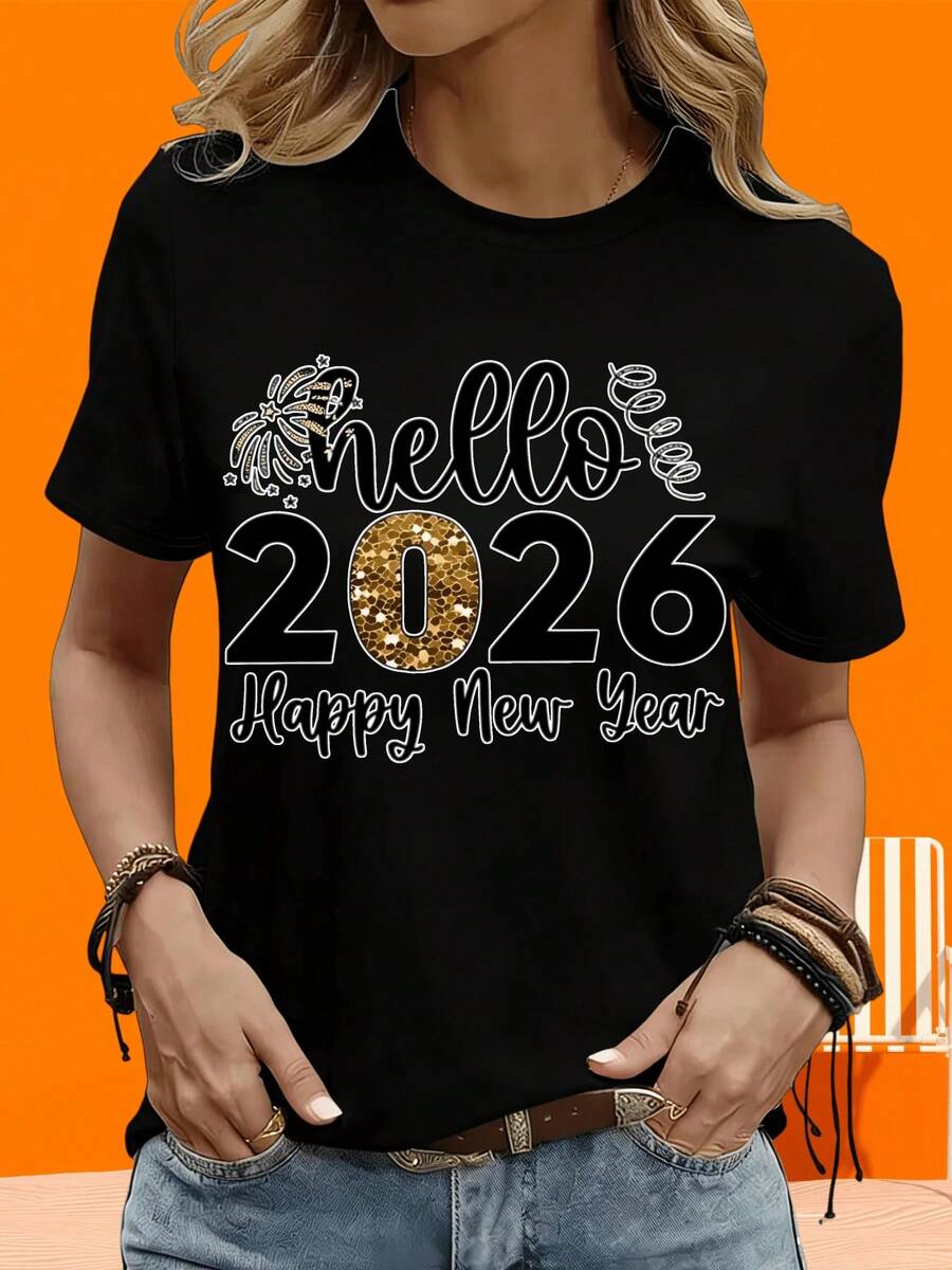 2026 New Year's Eve Party Graphic T-Shirt, Women's White T-Shirt With Gold Glitter Design For Celebrations And Parties, Women's Short Sleeve T-Shirt In Black And White, Two T-Shirts For Outdoor Leisure And Home - 黑色 - 查看 1